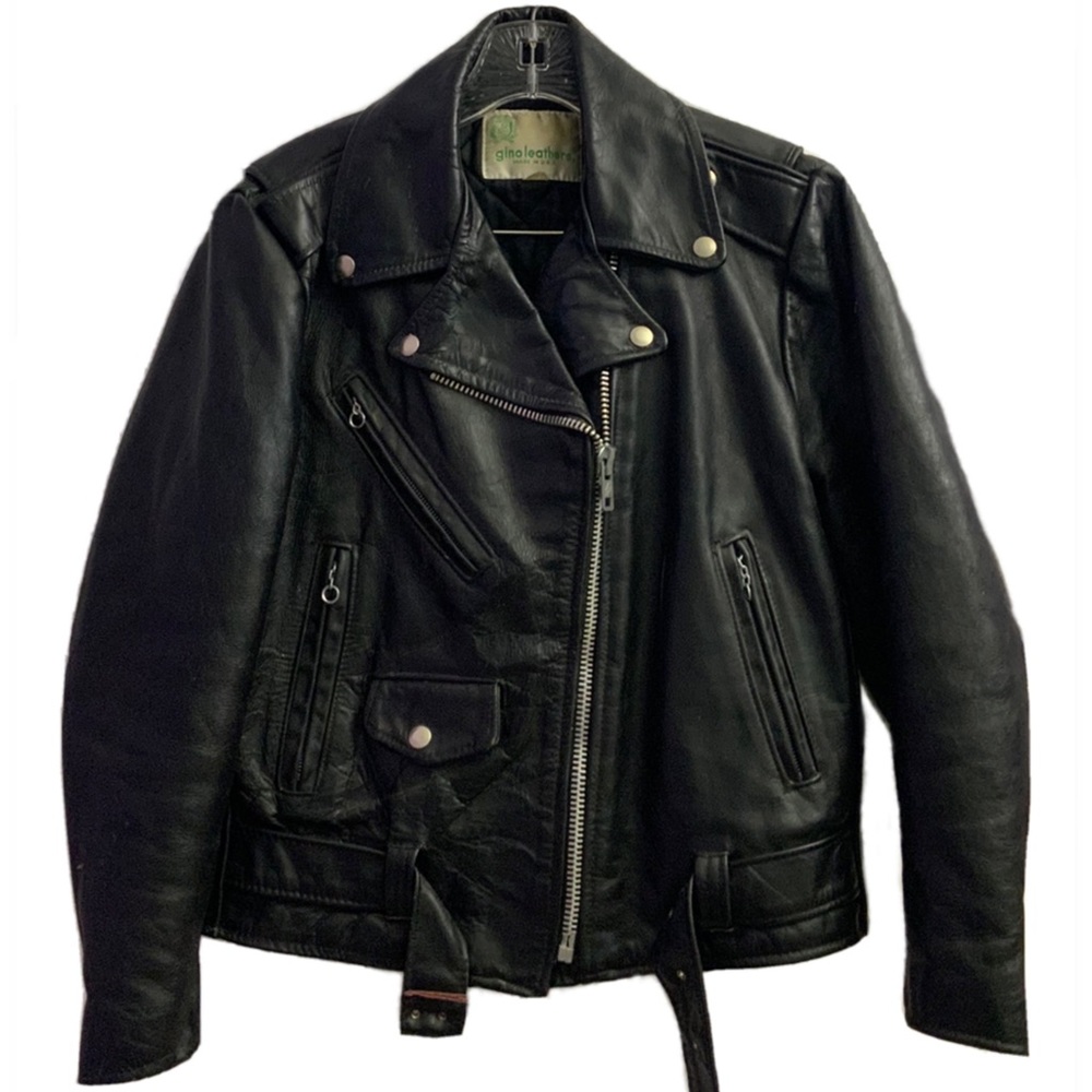 Vintage Black Leather Biker Jacket 1980s Gino Leathers Motorcycle Small